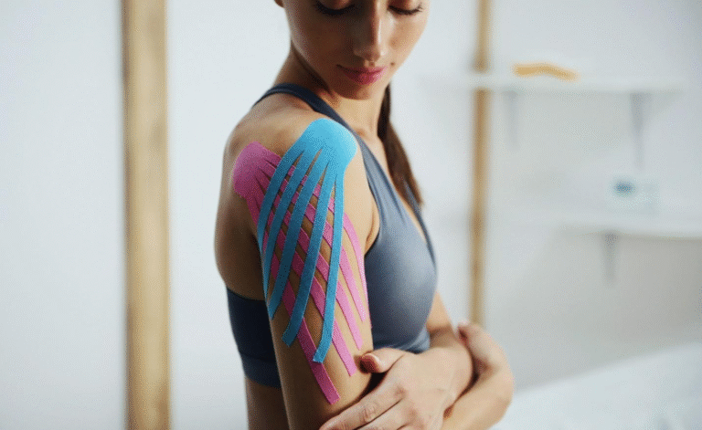 A woman is wearing tape on her shoulder to relive the pain.