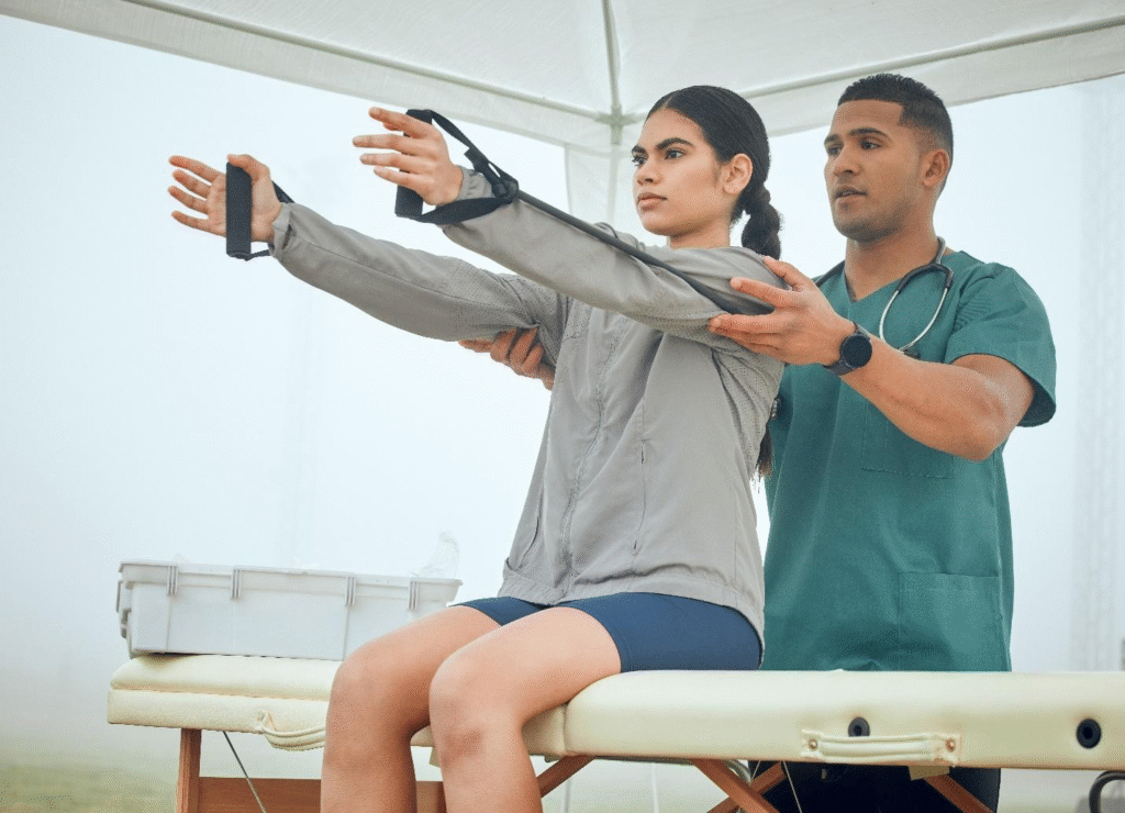 Chiropractor Helping Patient Rehab with Bands